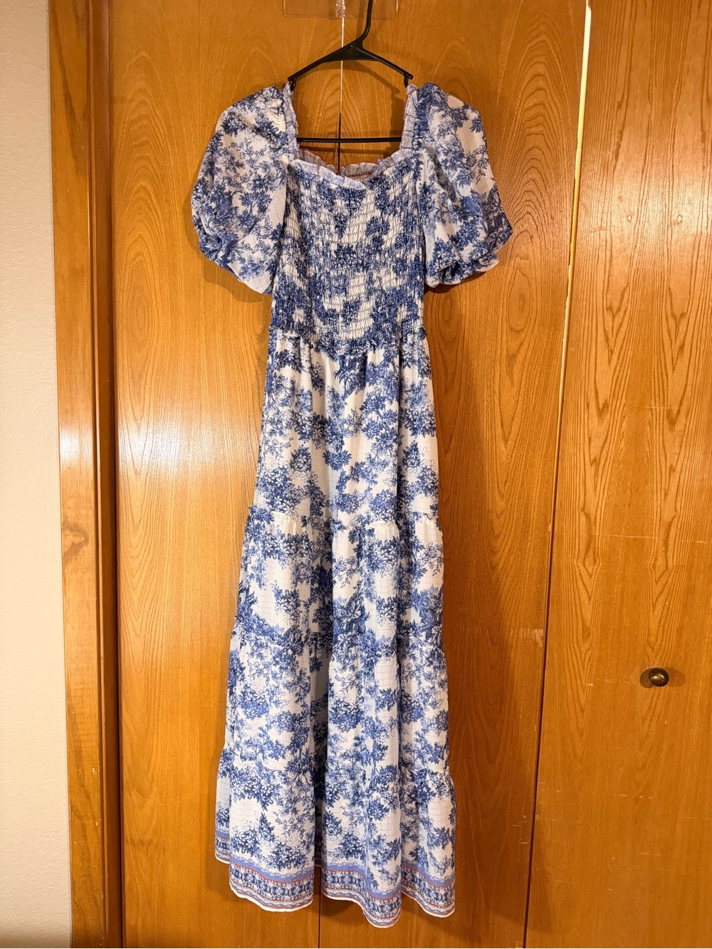 Max Studio Blue and White Floral Smocked Maxi Dress